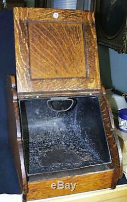 Antique c1890 1920 Solid Tiger Oak And Brass Metal Coal Scuttle Ash Box