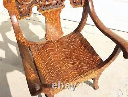 Antique c1900 American Tiger Golden Oak North Wind carved Green man arm chair