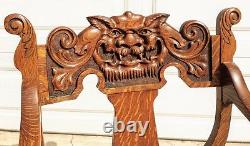 Antique c1900 American Tiger Golden Oak North Wind carved Green man arm chair