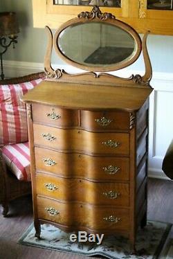Antique c1900 American Tiger Oak Beveled Mirror Serpentine 6 dwr Highboy Dresser
