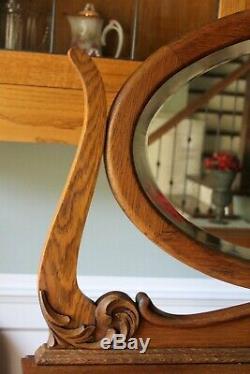 Antique c1900 American Tiger Oak Beveled Mirror Serpentine 6 dwr Highboy Dresser