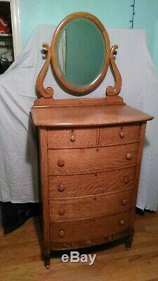 Antique c1900 American Tiger Oak Beveled mirror 6 dwr Highboy Dresser