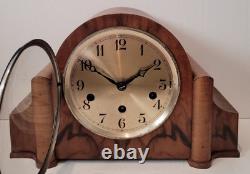 Antique c1930's English Tiger Oak Westminster Chiming Mantel Clock with Silence