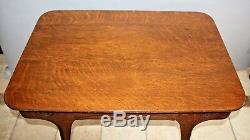 Antique oak Mission/Arts and Crafts library game chess table two drawers