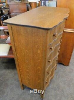 Antique serpentine front tiger oak lingerie chest of drawers dresser