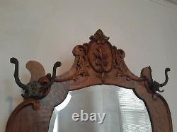 Antique tiger Oak Bench Hall Seat rack beveled mirror hat coat lion head hooks