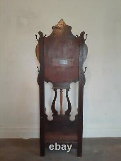 Antique tiger Oak Bench Hall Seat rack beveled mirror hat coat lion head hooks