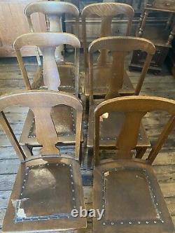 Antique tiger Oak T Back Leather Seat Dining Side Chairs, Set of 6