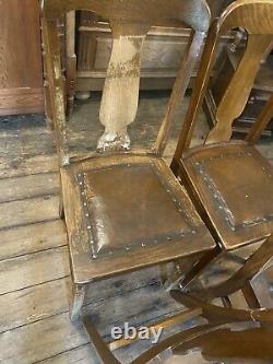 Antique tiger Oak T Back Leather Seat Dining Side Chairs, Set of 6