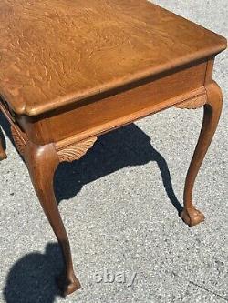 Antique tiger oak Chippendale 1 drawer work table claw ball feet carved solid