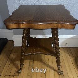 Antique tiger oak parlor side table Withbrass and crystal ball feet Mint Condition
