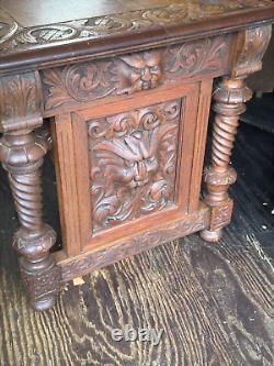 Antique victorian 1880 tiger oak northwind & lion head library table horner