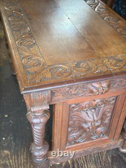 Antique victorian 1880 tiger oak northwind & lion head library table horner