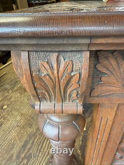 Antique victorian 1880 tiger oak northwind & lion head library table horner