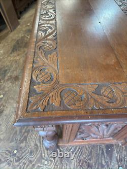 Antique victorian 1880 tiger oak northwind & lion head library table horner