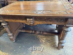 Antique victorian 1880 tiger oak northwind & lion head library table horner