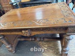 Antique victorian 1880 tiger oak northwind & lion head library table horner