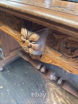 Antique victorian 1880 tiger oak northwind & lion head library table horner