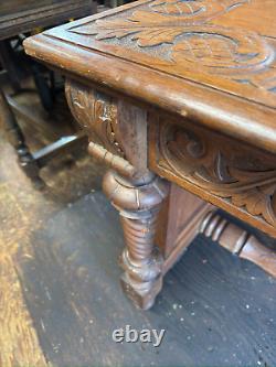 Antique victorian 1880 tiger oak northwind & lion head library table horner