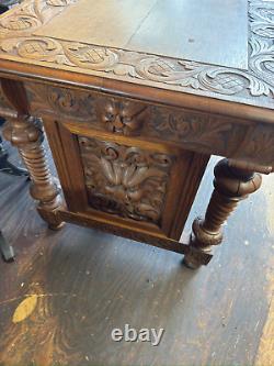 Antique victorian 1880 tiger oak northwind & lion head library table horner