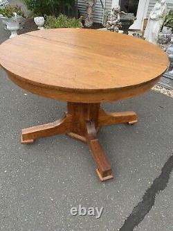 Arts & Crafts Mission Round Oak Dining Table & 3 Leaves 42 Round 72 With Leaves