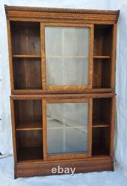 Arts & Crafts Tiger Oak Sliding Glass Door Danner Bookcase with Pull Out Counter