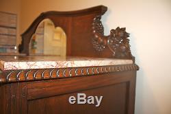 BEAUTIFUL antique bicolor tiger oak sideboard buffet with pink marble tops