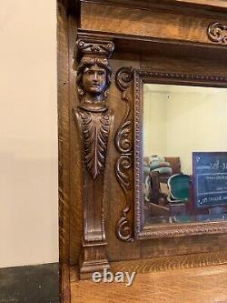 Beautiful Antique Tiger Oak Fancy Carved Womens Heads Fireplace Mantle Victorian
