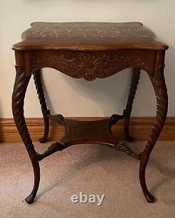 C1880 Antique Victorian Quarter Sawn Tiger Oak Side Parlor Table with Shelf