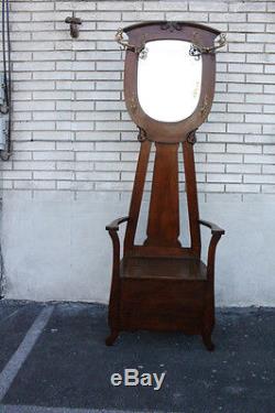 Charming Antique American Tiger Oak Hall Tree With Seat & Mirror, Early 19th C
