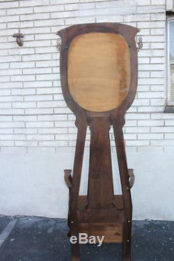 Charming Antique American Tiger Oak Hall Tree With Seat & Mirror, Early 19th C