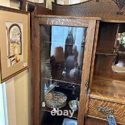 Circa 1900 Antique Tiger Oak Side By Side Mirrored Cabinet & Glass Display Case