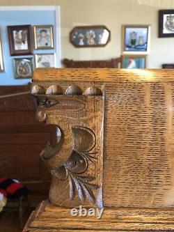 Circa. 1910 Antique Quarter Sawn/tiger Oak Hutch Heavy Carved Open Lion's Mouth
