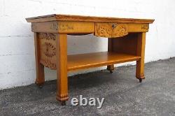 Early 1900s Carved Tiger Oak Two Tiers Console library Table 5316