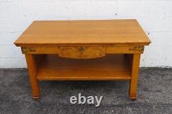 Early 1900s Carved Tiger Oak Two Tiers Console library Table 5316