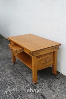 Early 1900s Carved Tiger Oak Two Tiers Console library Table 5316