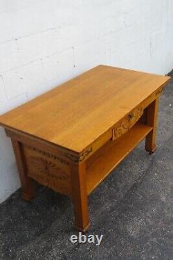 Early 1900s Carved Tiger Oak Two Tiers Console library Table 5316