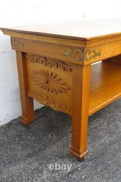 Early 1900s Carved Tiger Oak Two Tiers Console library Table 5316