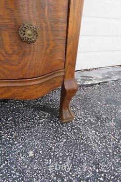 Early 1900s Serpentine Carved Tiger Oak Low Dresser with Trifold Mirrors 4670