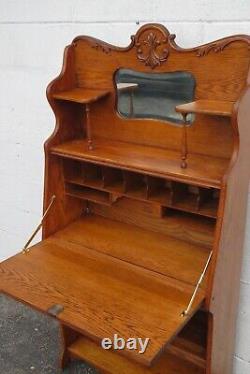 Early 1900s Tiger Oak Shelving Bookcase with Secretary Desk 5224