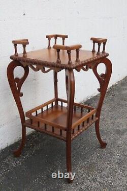 Early 1900s Victorian Two Tier Tiger Oak Carved Side End Table Flower Stand 5220