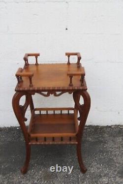 Early 1900s Victorian Two Tier Tiger Oak Carved Side End Table Flower Stand 5220