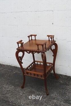 Early 1900s Victorian Two Tier Tiger Oak Carved Side End Table Flower Stand 5220