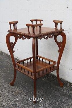 Early 1900s Victorian Two Tier Tiger Oak Carved Side End Table Flower Stand 5220