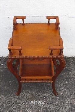 Early 1900s Victorian Two Tier Tiger Oak Carved Side End Table Flower Stand 5220