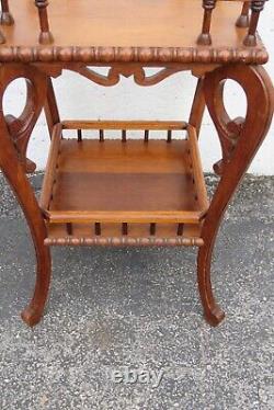 Early 1900s Victorian Two Tier Tiger Oak Carved Side End Table Flower Stand 5220