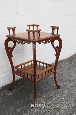 Early 1900s Victorian Two Tier Tiger Oak Carved Side End Table Flower Stand 5220