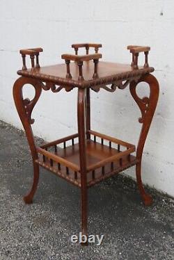 Early 1900s Victorian Two Tier Tiger Oak Carved Side End Table Flower Stand 5220