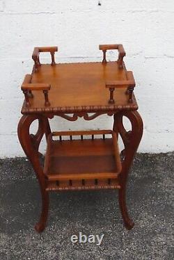 Early 1900s Victorian Two Tier Tiger Oak Carved Side End Table Flower Stand 5220