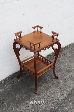 Early 1900s Victorian Two Tier Tiger Oak Carved Side End Table Flower Stand 5220